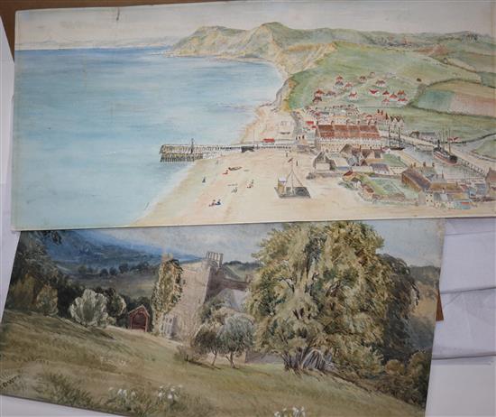 A folio of oil paintings, watercolours, etchings, etc., all unframed, including three photos after Frank Meadows Sutcliffe of Whitby